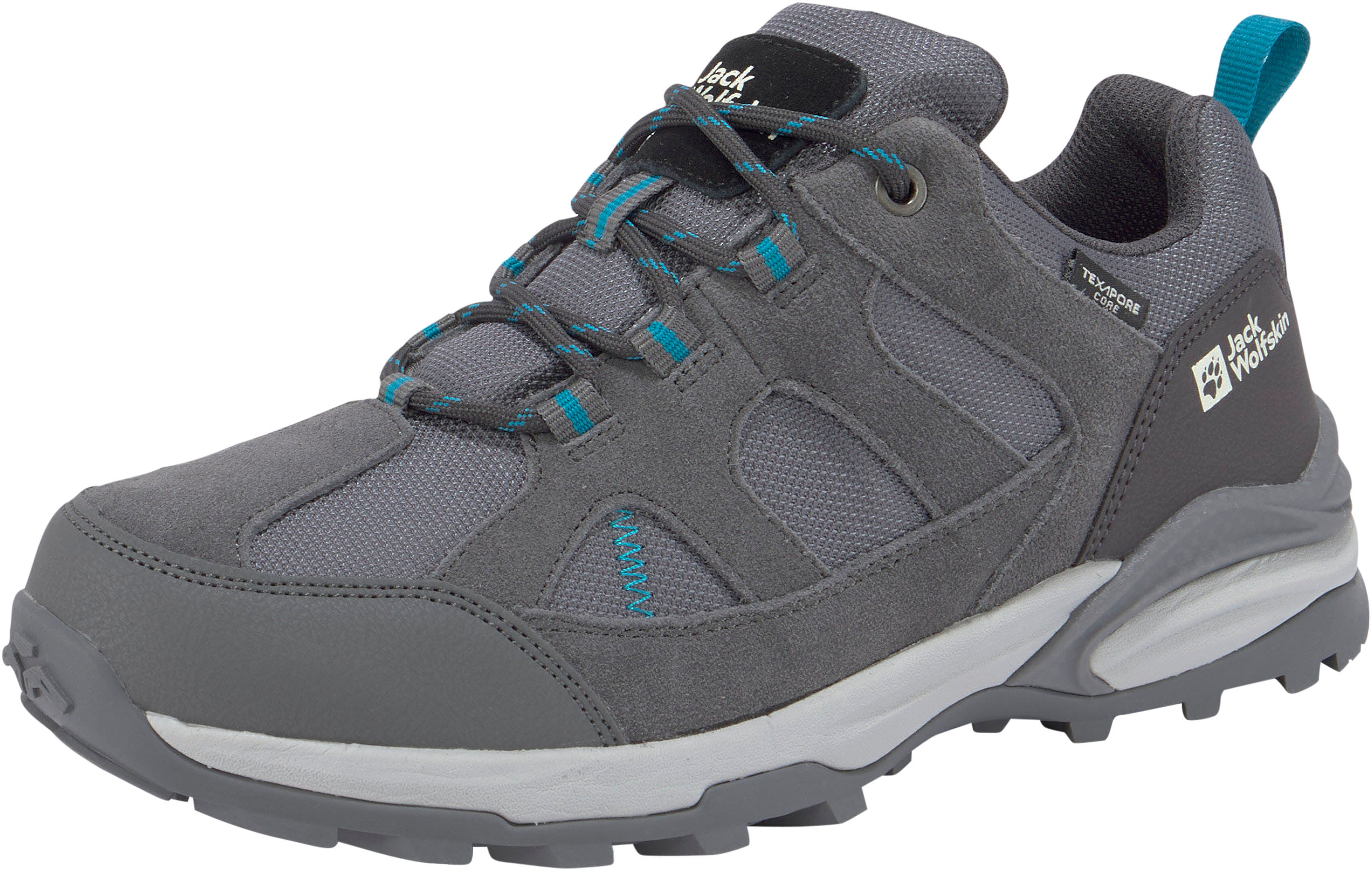 Wanderschuh JACK WOLFSKIN "TRAIL HIKER TEXAPORE LOW W", Damen, Gr. 37,5, grau (grau, mint), Leder, Textil, Schuhe Wanderschuh, wasserdicht, Trekkingschuh grau, mint 37,5