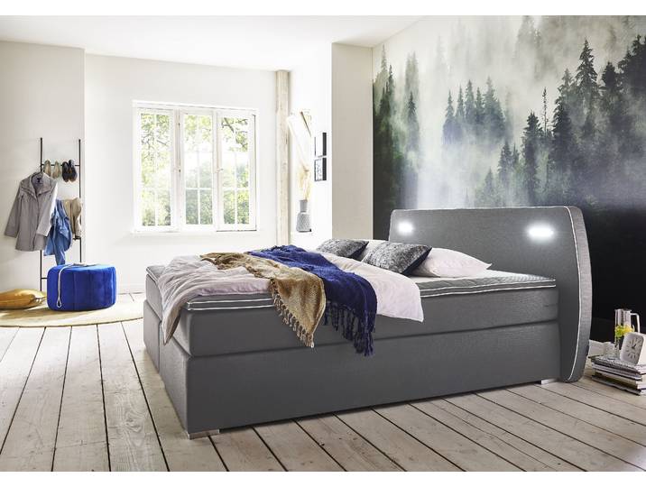 Boxspringbett REX LED , grau (dunkelgrau), B:162cm L:210cm, Bezug Bett: Strukturstoff (65% Polypropylen, 35% Polyester), ATLANTIC HOME COLLECTION, Komplettbetten, Boxspringbett, inklusive LED-Beleuchtung und Topper