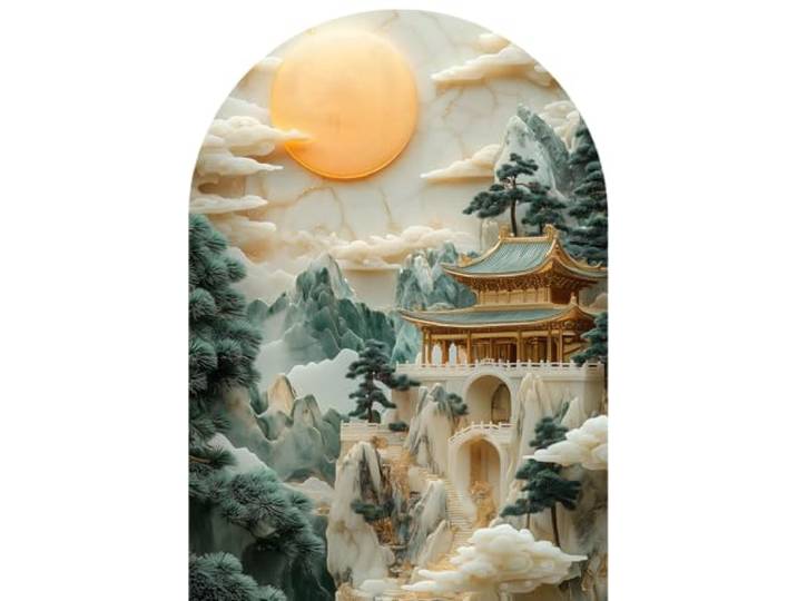 STYLER Glasbild Jade 70x100 cm – Majestätischer Tempel in mystischer Berglandschaft – Asiatisches Kunstwerk mit goldener Sonne & digitaler Ästhetik