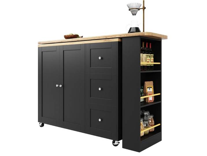 Îlot central rotatif 360° à roulettes – Noir – MDF – 3 tiroirs 2 portes range-snacks