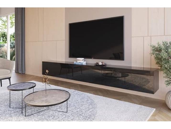 HAJDUK FURNITURE Lowboard Hängend Hochglanz Schwarz 270 cm TV Unterschrank Push to Open Griffloses Fernsehtisch für Fernseher bis 85 Zoll Wohnzimmer 270x35x40 cm Wohnwand Modern