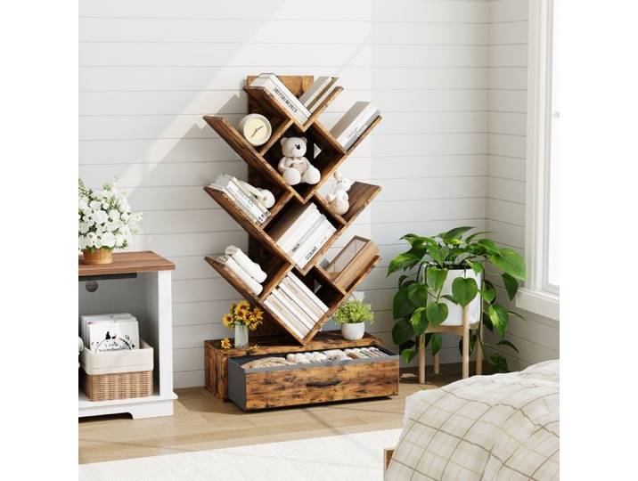 Koioplie Bibliothèque Arbre 7 niveaux avec LED et tiroir en tissu étagère étroite pour petits espaces bureau ou salon Vintage