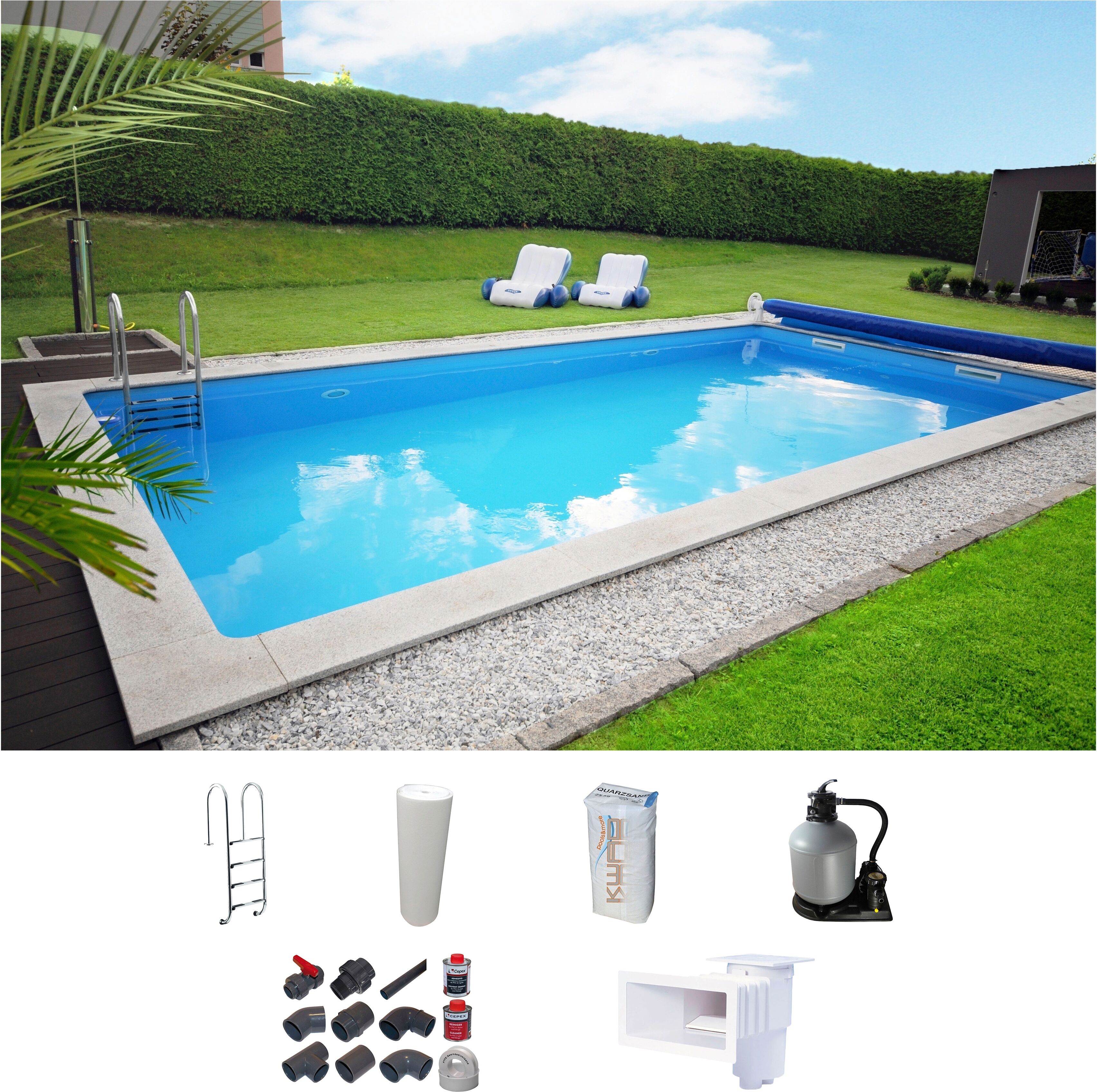 Rechteckpool KWAD "mit Edelstahlleiter", weiß, B:300cm H:150cm L:600cm, Schwimmbecken, Rechteckpool, in verschiedenen Größen, mit Foliensack 0,6mm