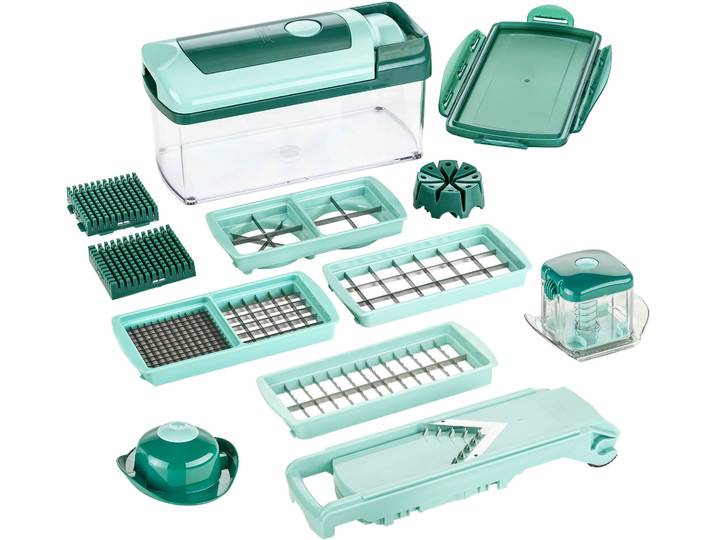 Zerkleinerer GENIUS Nicer Dicer Fusion inkl. XXL-Messereinsatz 12 x 36 mm, Set 14-tlg , grün (mintgrün), B:17,5cm H:31,8cm T:17,5cm, Zerkleinerer, Zerkleinerer, ND Fusion werden eine Vielzahl von Schneidgeräten in Einem kombiniert