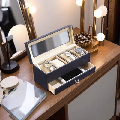 ZWYO HOSIMU "9.3"" Long Tempered Glass and Leather Jewelry Box with Hidden Wooden Construction Frame, Drawers and Watch Slots"