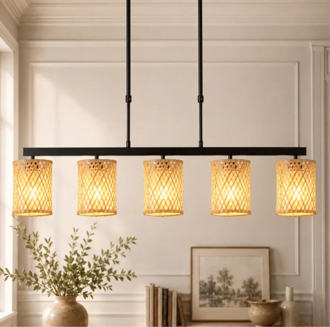 Blue Elephant 5 - Light Rattan Farmhouse Boho Linear Kitchen Island Pendant Natural 16cm H X 113cm W X 12cm D