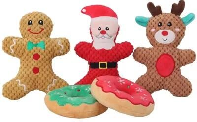 Inspire Curations Christmas Donut Squeaky Plush Dog Toy For Small & Medium Dogs five piece Set