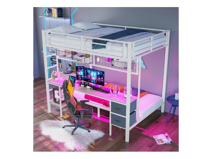 STILVORA Hochbett mit schreibtisch,Etagenbett 140×200 & 90×200 mit Stauraum, LED & USB