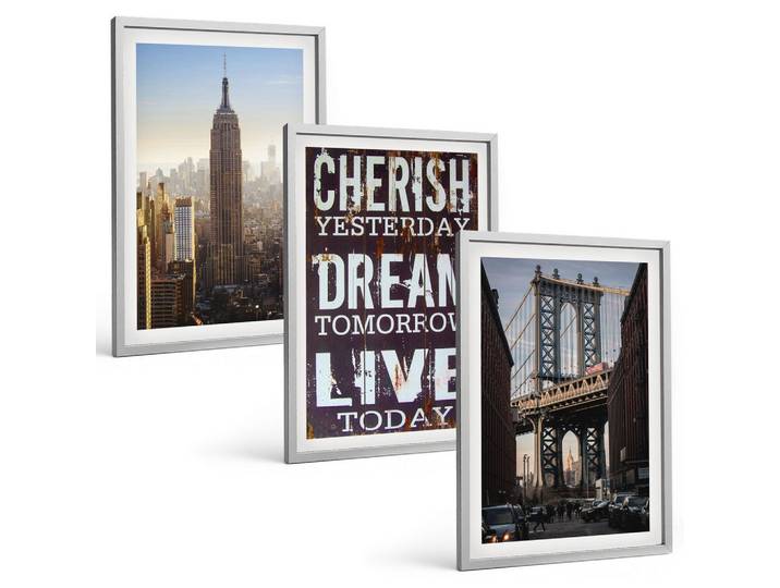 BILDER SET 3er Set - 40x60 cm Silberner Rahmen - Zitat über New Yorker Landschaften