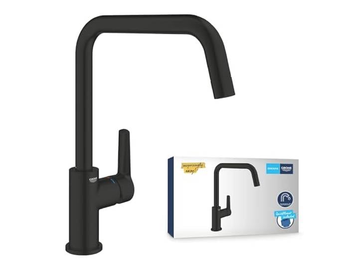 GROHE Start, Küchenarmatur (Wasserhahn für die Küche, 150° schwenkbar, wassersparende Spültischarmatur dank variabler Mengenbegrenzung, werkzeugfreie Spülbecken-Montage), schwarz, 304702430