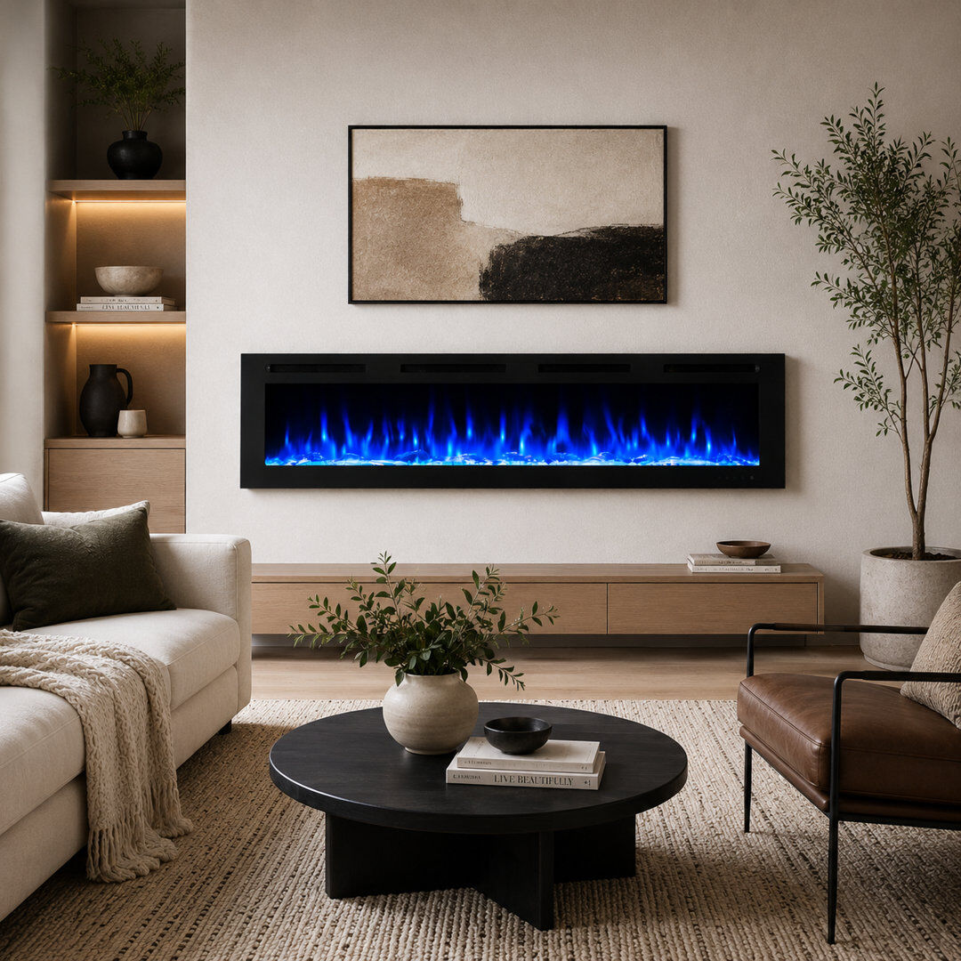 FLAMEKO Media Wall Electric Fire, Wall Mounted Fireplace, Winslow Black Matte Black 43.2cm H x 178cm W x 10.6cm D