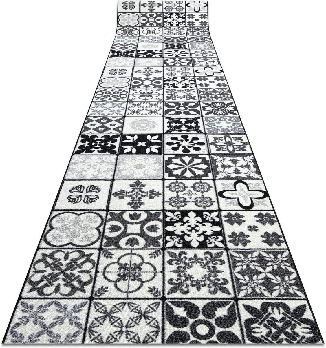 Anti-slip Runner Vloerkleed in Portugese Tegelstijl Patchwork Grijs Zwart