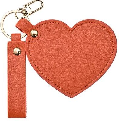 Fusion Finds Heart Compact Mirror Keychain Portable Travel Makeup Mirror With PU Leather Case For Purse & Gifts orange
