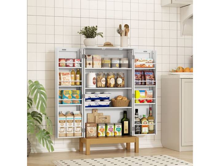 Buffet de cuisine - HOLTICO - Armoire de rangement multi rangements style moderne chic - Blanc et pieds dorés - 59 x 30 x 114 4 cm