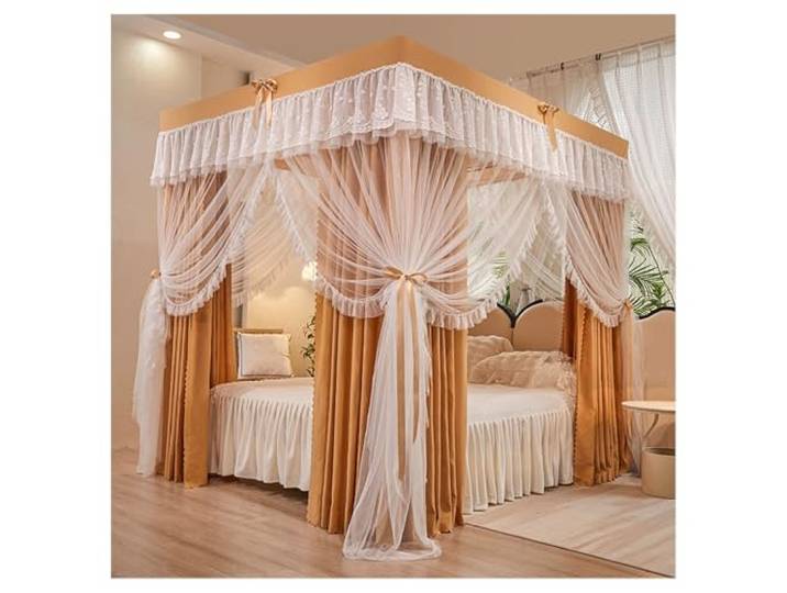 XYUERU Europäisches Doppellagige Betthimmel vorhänge,Bettvorhang Himmelbett Moskitonetz, Schlafzimmerdekoration Schlafzimmer-Dekoration für Einzel Doppelbett Queensize und King(Yellow,150x200cm)