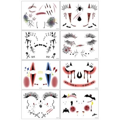 Halloween-Gesichts-Make-up-Tattoo-Aufkleber – 8 Stück gruseliger Mund, Narbe Spinnen-Tattoos für die Party Weihnachtsdekoration