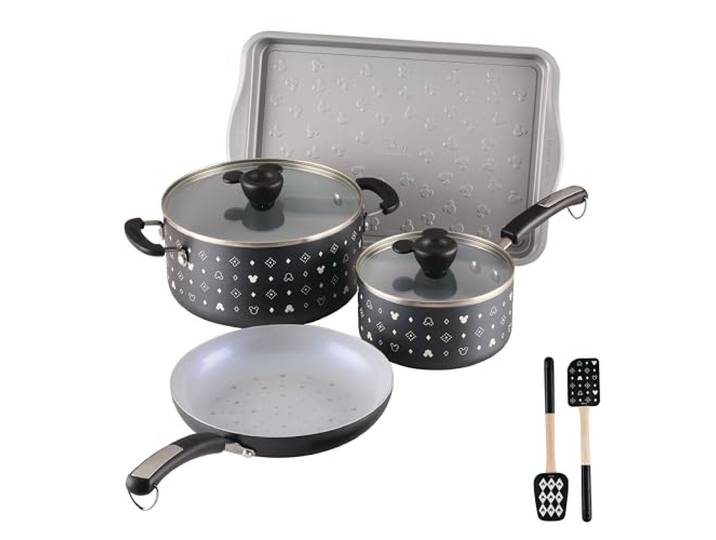 Farberware Disney Monochrome Keramik Antihaft-Kochgeschirr Töpfe und Pfannen mit Back-/Backgeschirr Kekspfanne und Küchen-Kochwerkzeug-Set, spülmaschinenfest, 8-teiliges Kochgeschirr-Set – Schwarz
