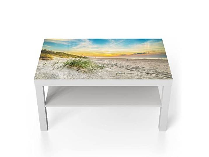 DEQORI Glastisch weiß groß 90x50 cm Motiv Baltischer Dünenstrand ausgefallener Beistelltisch aus Glas Hochglanz Couchtisch fürs Wohnzimmer moderner Couch Tisch mit Design