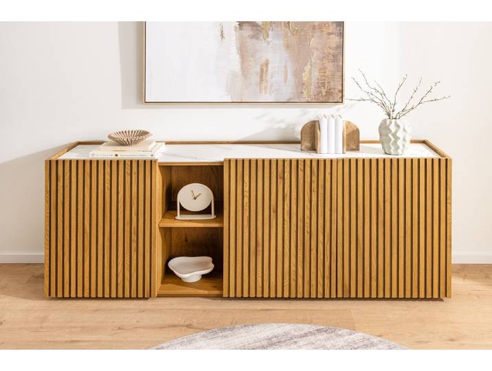 Design Sideboard VICENZA 180cm weiß Keramik natur Eiche Lamellenfront