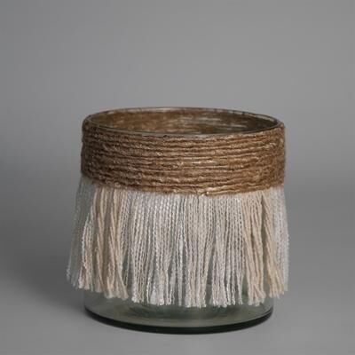 BIDK Home "Votive Wrapped in Cream & Natural Fringe 6""x6""- A"