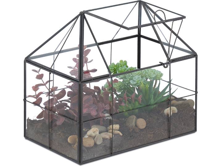 Terrarium végétal Relaxdays\, verre et cuivre\, 21 x 23 x 14 cm\, serre décorative pour cactus et mousse\, vitrine de fenêtre\, noir