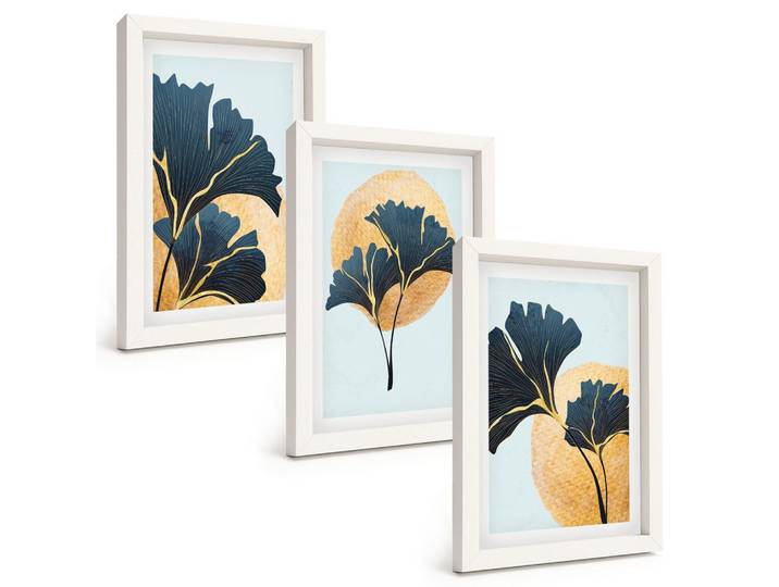 BILDER SET 3er Set - 20x30 cm Weißer Rahmen - Ginkgoblätter, heller Hintergrund