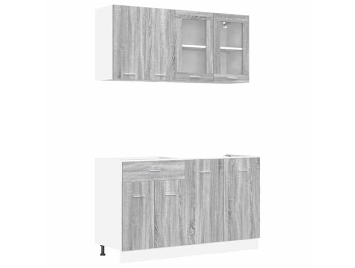 IBUQDDV Kücheneinheit Lyon 4 STK. Grau Sonoma Holzwerkstoff Schubladen, Regale, geschlossene Fächer, verstellbare Füße, Glastüren, Spülenunterschrank, Wandmontage