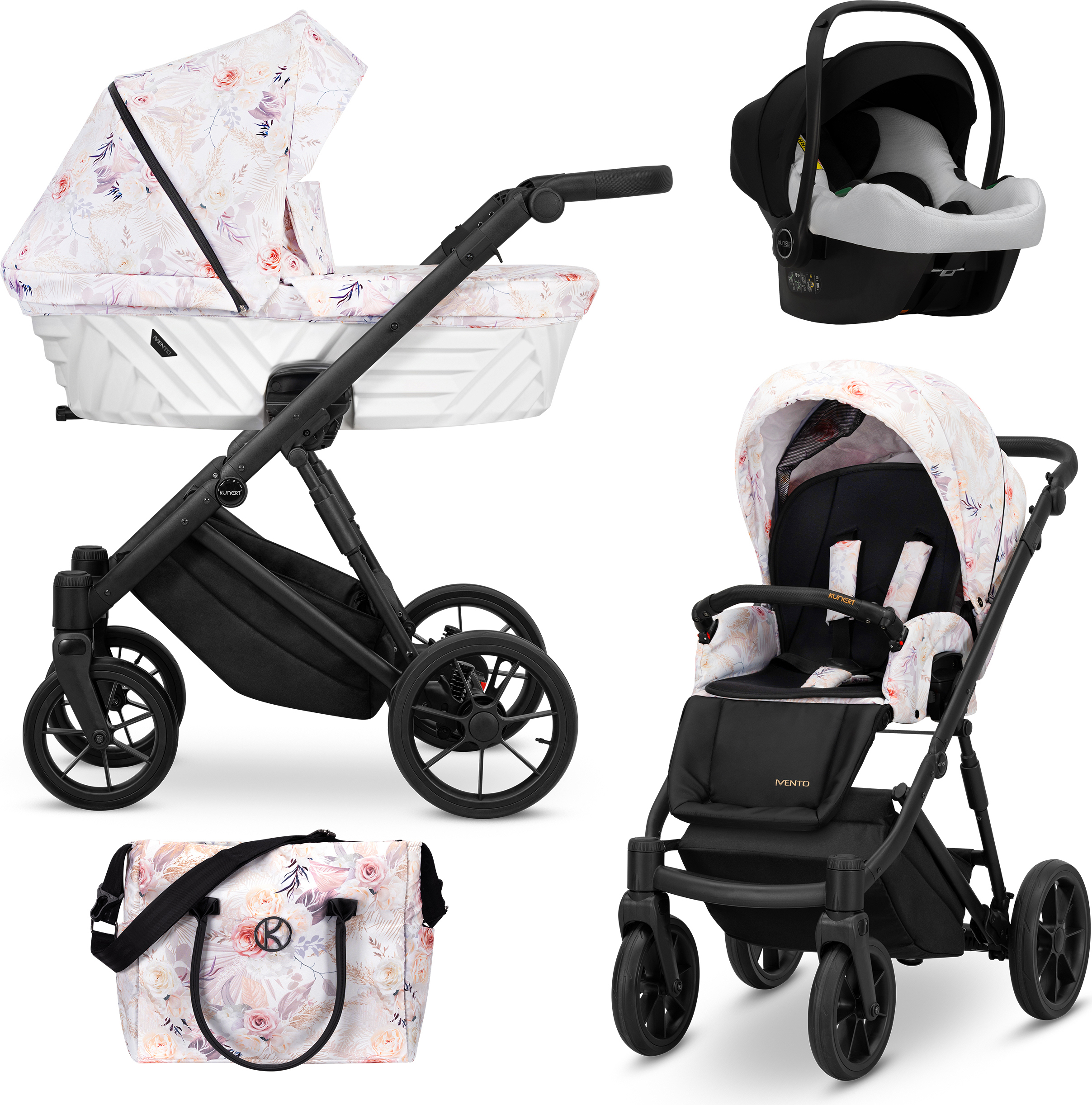 Kinderwagen IVENTO Sportwagen Babywagen Babyschale Komplettset Kinder Wagen Autositz Set 3 in 1 (Delicate Flowers, Rahmenfarbe: Schwarz)