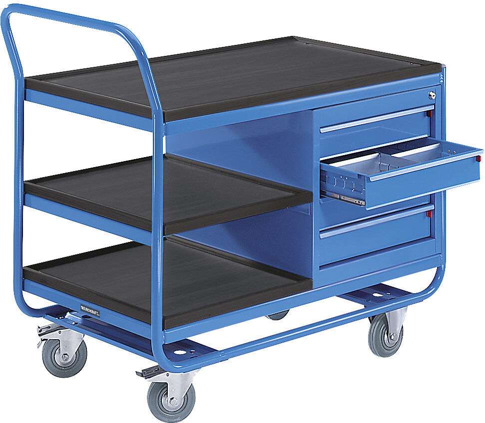 Industrie-Tischwagen, 3 Etagen, 1 Schubladenschrank, Vollgummireifen spurlos eurokraft pro