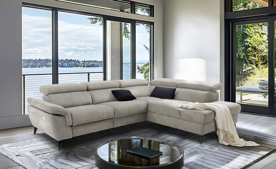Corrigan Studio Mirano Imitating Leather-Effect Fabric Electric Reclining Corner Sofa with Adjustable Headrests & Adjustable Armrest Beige 97cm H X 265cm W X 210cm D