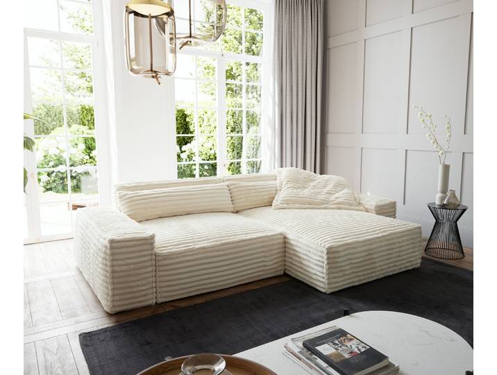DELIFE Ecksofa Sirpio, XL Plüschcord Beige 270x170 cm Recamiere variabel, beige weiß, ohne Hocker, Beige