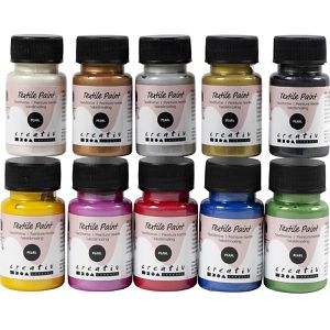 Creativ-Company Stoffmalfarben Textilfarbe Perlmutt, 10 Farben, für helle & dunkle Textilien, bis 40°C, 10x 50ml