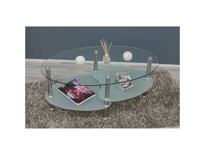 Table Basse Ovale en Verre Trempé et Acier Inox - YGONGMYL - Blanc - Moderne - Scandinave