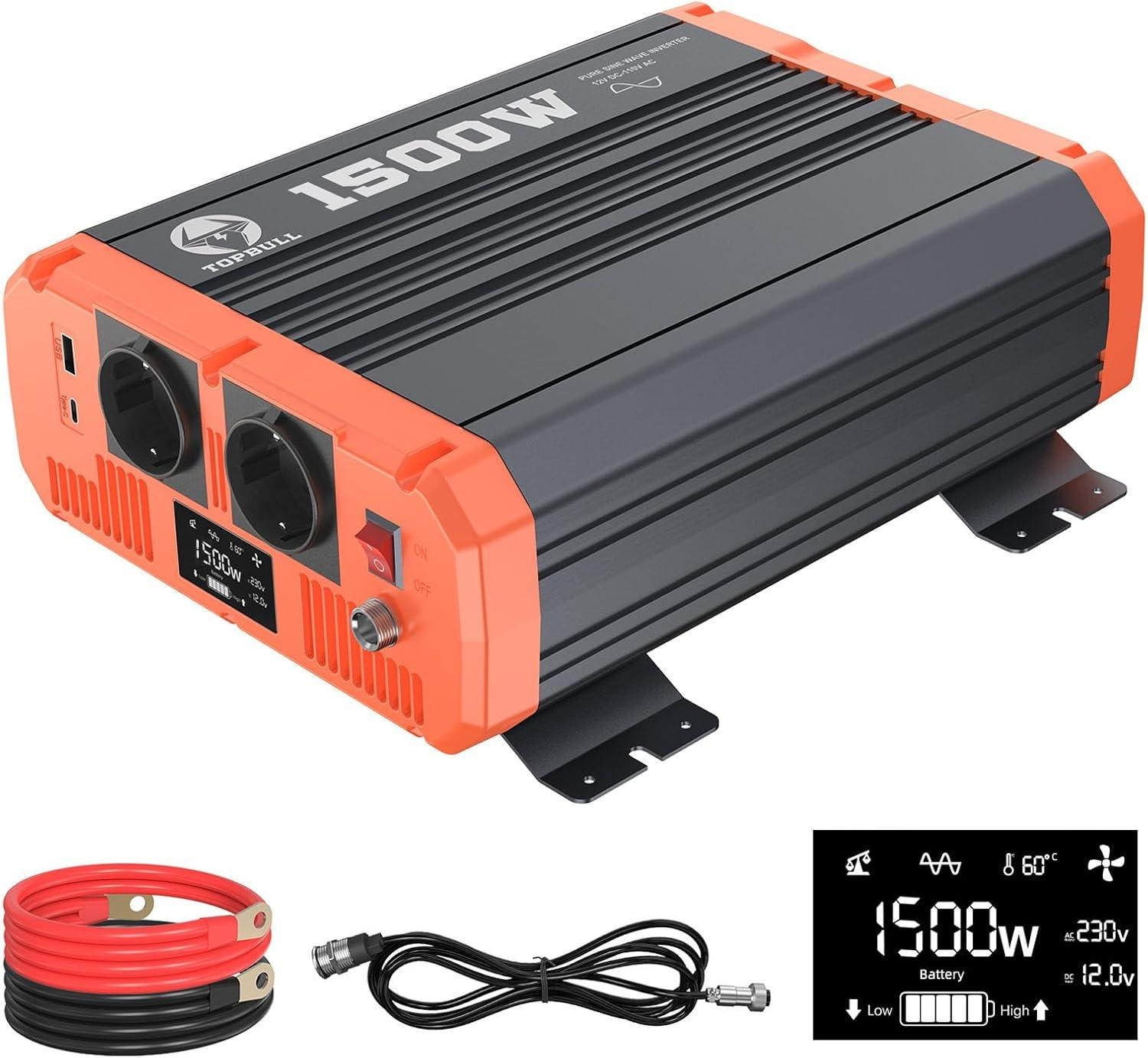 Selius Omvormer 1500W 12V naar 230V zuivere sinus met LCD-display en USB-C uitgang