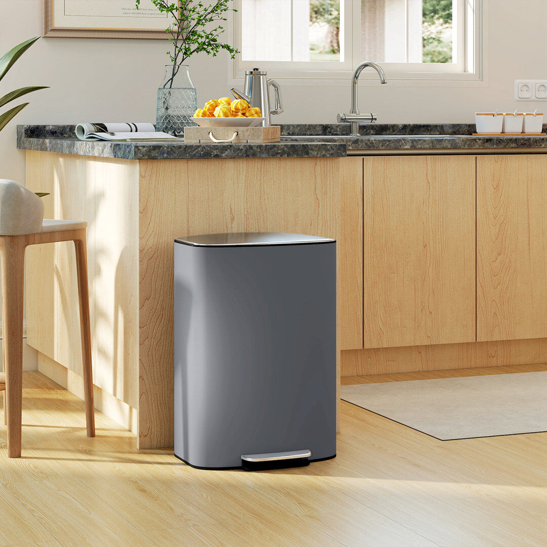 HOMCOM Pedal Bin with Soft-Close Lid, 50L Kitchen Bin with Carry Handle Grey Grey, Silver 50L