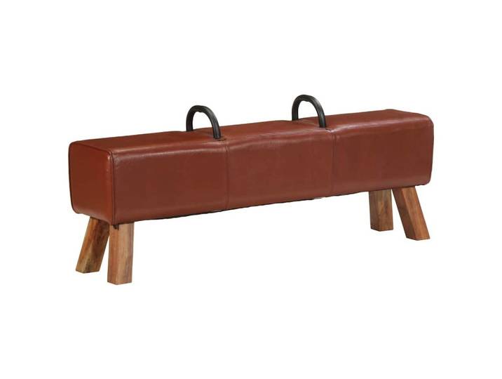 furnicato Truhenbank Sitzbank Echtholz Ziegenleder 135 x 25 x 55 cm Braun, Polsterbank mit Metallgriffen und Beinen aus Echtholz für dein Heim