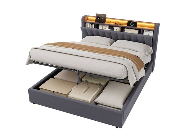 Lit coffre ULEVR avec rangement hydraulique LED et USB sans Matelas Gris 160x200 cm