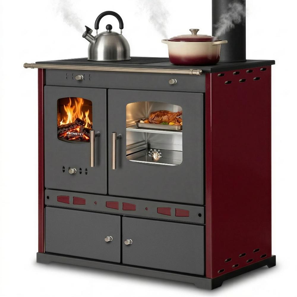 Küchenofen Holzherd ECO LUX INOX, Edelstahlbackfach, bordeaux, rechte Version