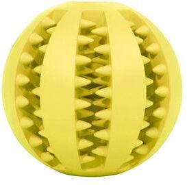 The Handy Homestead Tough Chew Dog Treat Dispensing Ball For Teeth Cleaning And Interactive Play yellow s
