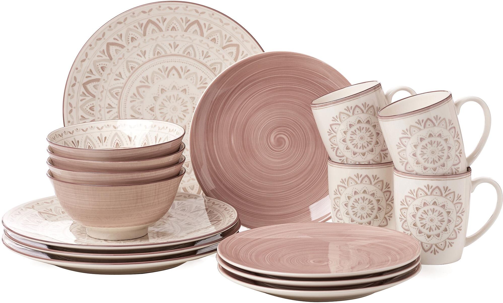 Kombiservice RITZENHOFF & BREKER "Geschirr-Set, Service Valencia", rosa (natur, hellbraun, hellrosa), 16 Stk., Steinzeug, Geschirr-Sets, Kombiservice, jedes Stück ein Unikat, 16 Teile, für 4 Personen natur, hellbraun, hellrosa 16 Stk.
