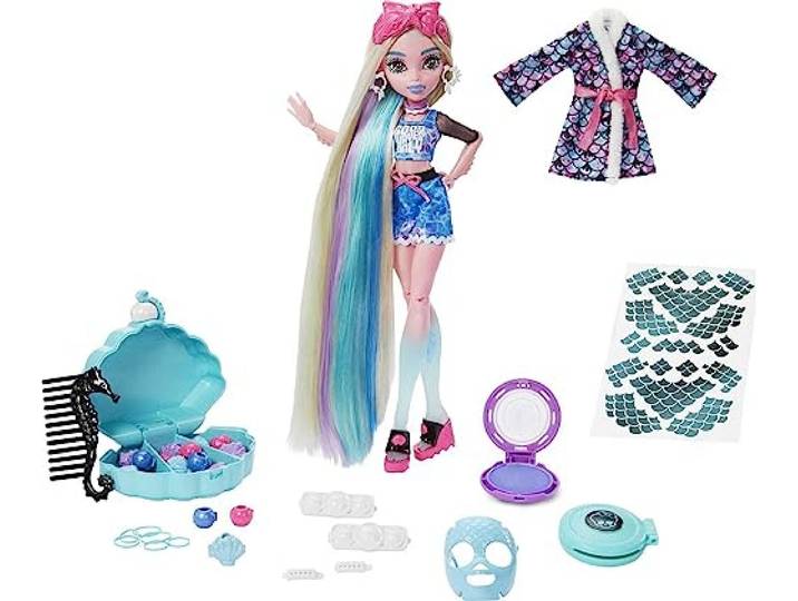 Monster High Doll, Lagoona Blue Spa Day Set met Wear and Share accessoires zoals haarclips, haarkrijt en tatoeages