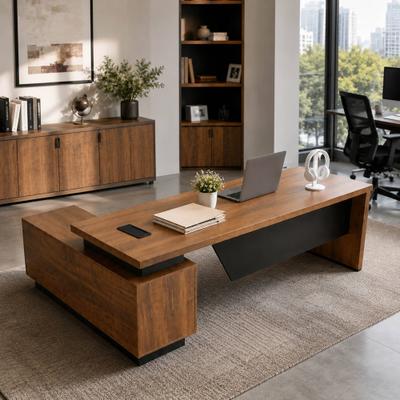 WESOME Retractable L-Shaped Executive Desk with Cable Management Drawers and Lateral File Cabinet