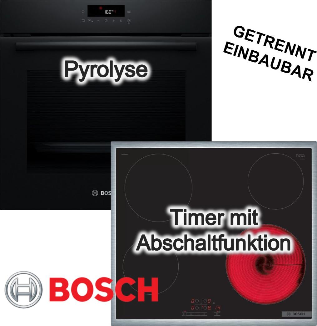 BOSCH Herdset Pyrolyse 3D Heissluft 71 Liter Schwarz Glaskeramikkochfeld Edelstahl-Rahmen