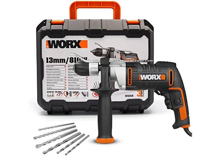 WORX Perceuse à percussion 810W WX318 Mandrin automatique 13 mm\, vitesse variable\, poignée auxiliaire et forets inclus