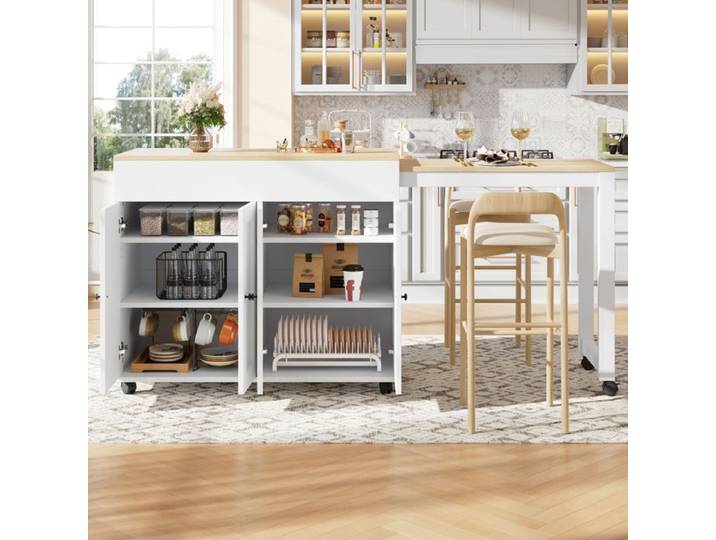 Table de bar - Table de bar extensible - Extensible 117-180 cm - 6 compartiments de rangement - MDF blanc