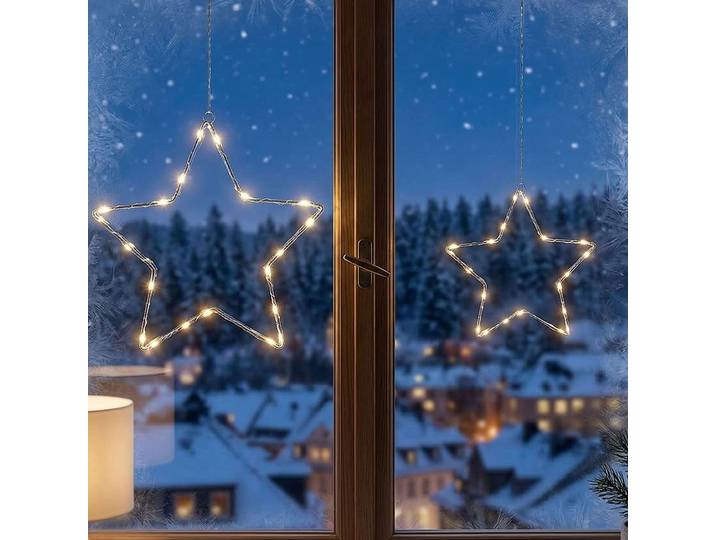 2er-Set Stimmungsvolle LED Metallsterne Ø15cm & Ø40cm, Saugnapf fürs Fenster, warmweiss