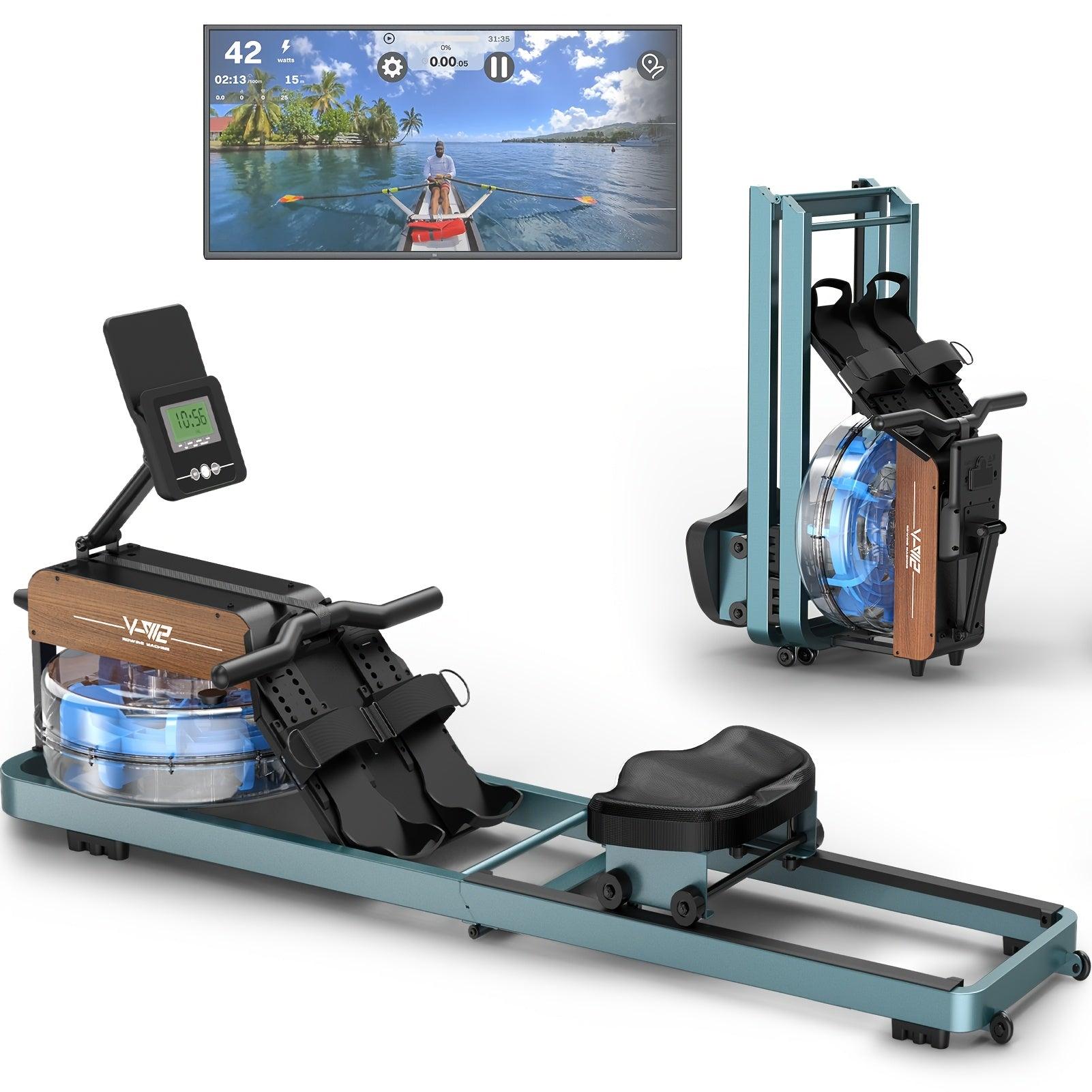 Rudertrainer - Fitnessgerät - Wasserwiderstand - Klappbar - Max. 150 kg - Verstellbarer Tablet-Halter