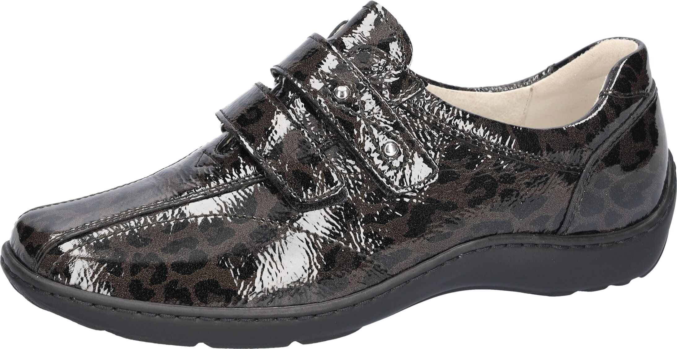 Klettschuh WALDLÄUFER "Henni", Damen, Gr. 7 (40,5), Leder Textil, carbon, leo, Lackleder, Schuhe Klettschuh, Lackschuh, Komfortschuh, Leo-Optik, Bequemweite H (=sehr weit)