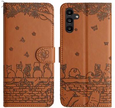 Inspired Deals Cute Cat Embossed Wallet Phone Case For Samsung Galaxy With Card Holder And Lanyard For Samsung Galaxy A15 5G brown
