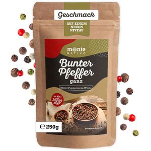 Monte-Nativo Pfeffer Premium Qualität, ganze Körner, bunt, im wiederverschließbaren Beutel, 250 g